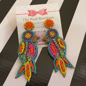 Bright Parrot Seed Beaded Pappagallo Summer Beach Multicolor Statement Earrings